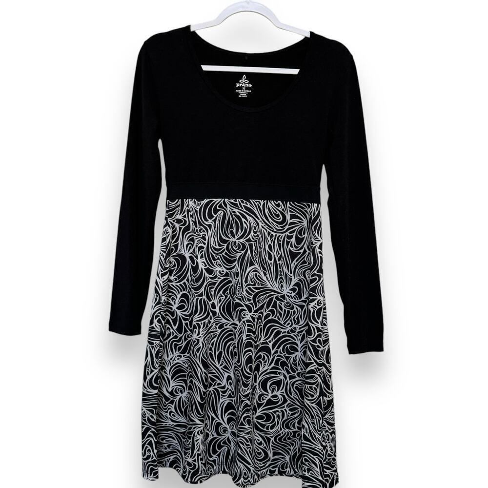 🍀 prAna Lagoon Kasey Long Sleeve Knee Length Fit & Flare Dress Black White XS